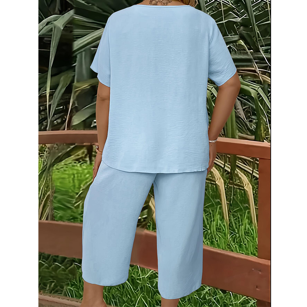 Summer Special Sale🍃Women's Solid Short Sleeve Top & Loose Wide Leg Pants 2-Piece Set